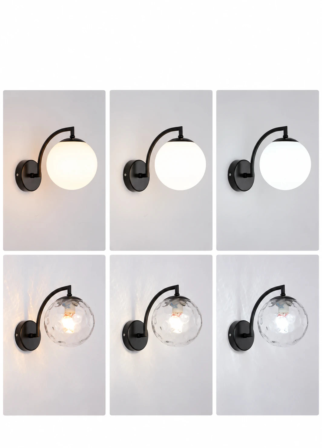 Glazen bolvormige wandlamp in zwart of goud