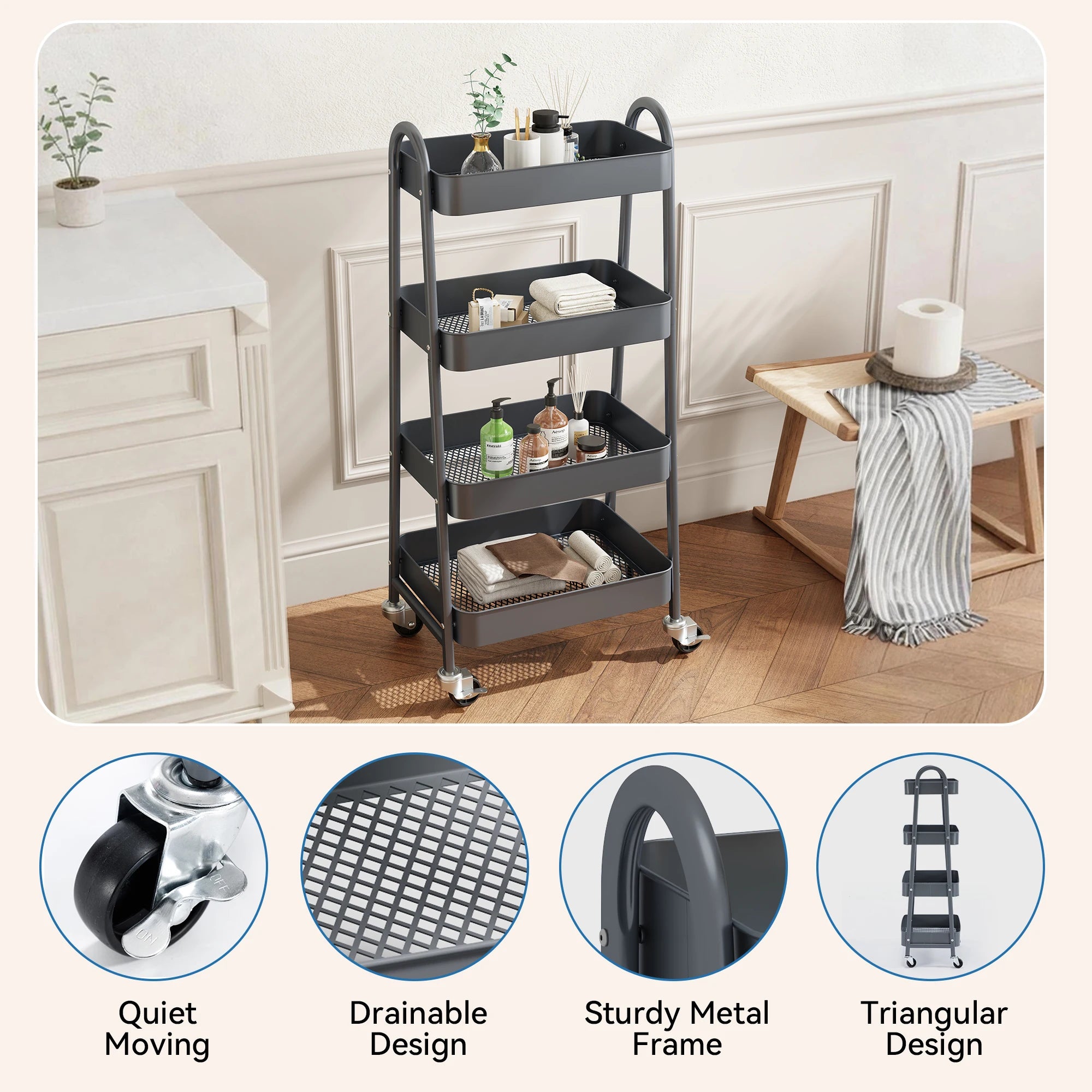 4-Tier Rolling Storage Cart with Lockable Wheels for Narrow Spaces
