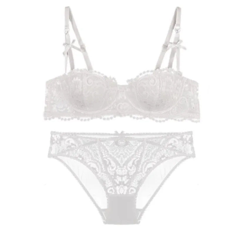 French Girl Lingerie Red Thin Hollowed Half Cup Bra Set Sexy Tushy Xmas Gift Her Desire Temptation Lace Hip Out Holiday Season