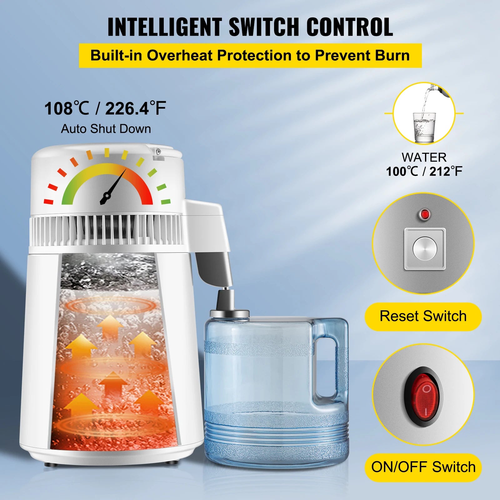 SucceBuy čisticí destilátor vody Pure Water Distiller 750W, filtr s plným upgradem a držadlem 1.1 gal / 4 l, BPA-free nádoba, ideální pro domácí použití, bílá