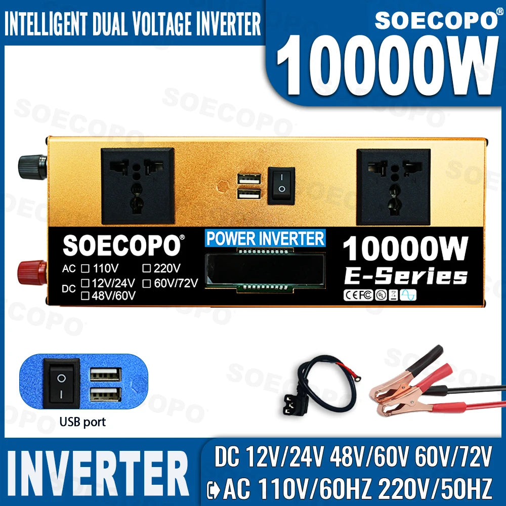 Pramoninis 10000W keitiklis su dviem įtampomis 12V/24V/48V/60V/72V į 110V/220V AC su LCD ekranu ir dviem USB prievadais lauko nuotykiams