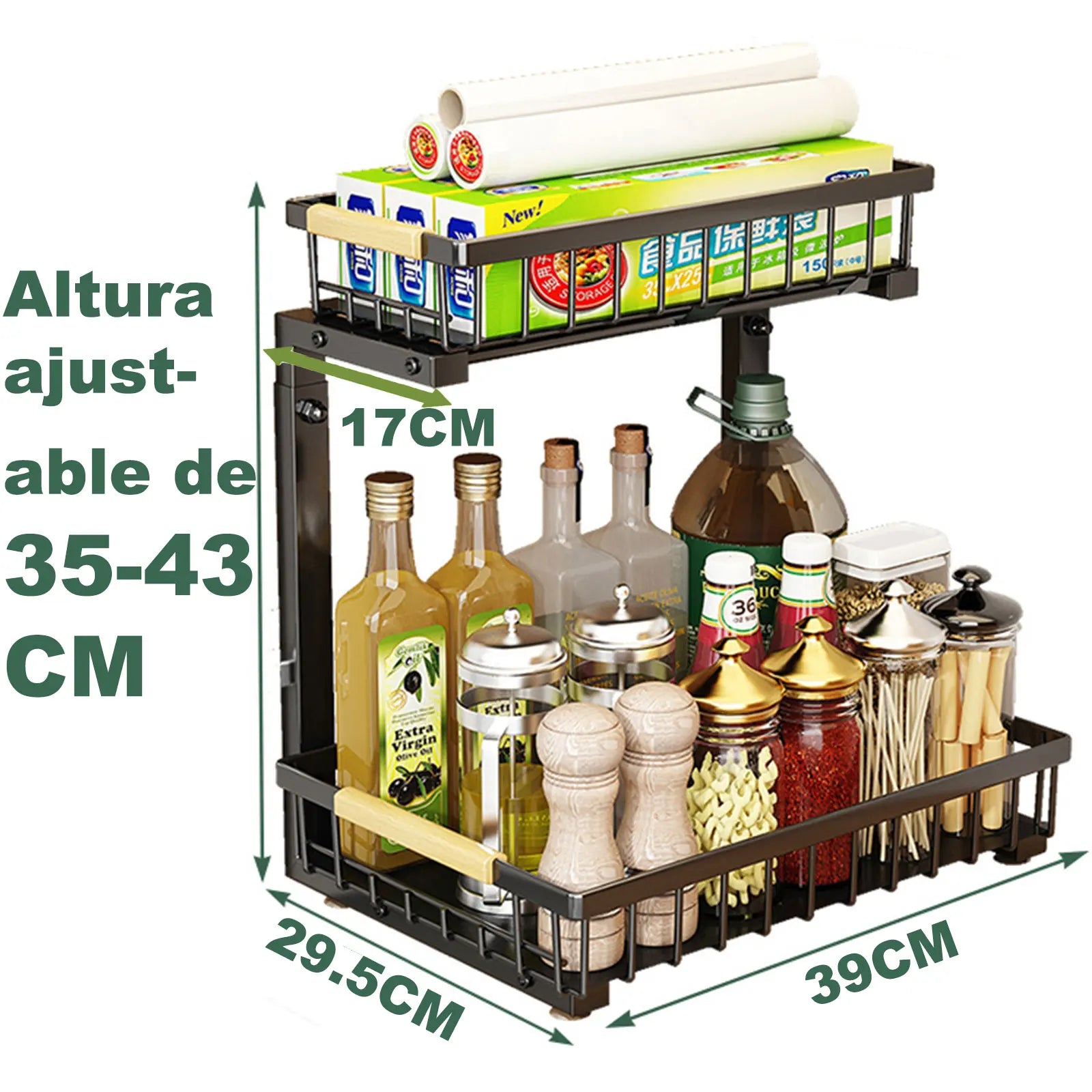 2‑Level Metal Storage Rack Under the Sink with Sliding Drawer