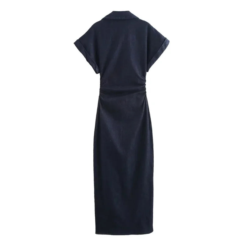 ETJ 2025 Spring New 1975 series denim MIDI dress with lapel side zipper fashion wrinkle waist slim elegant dress