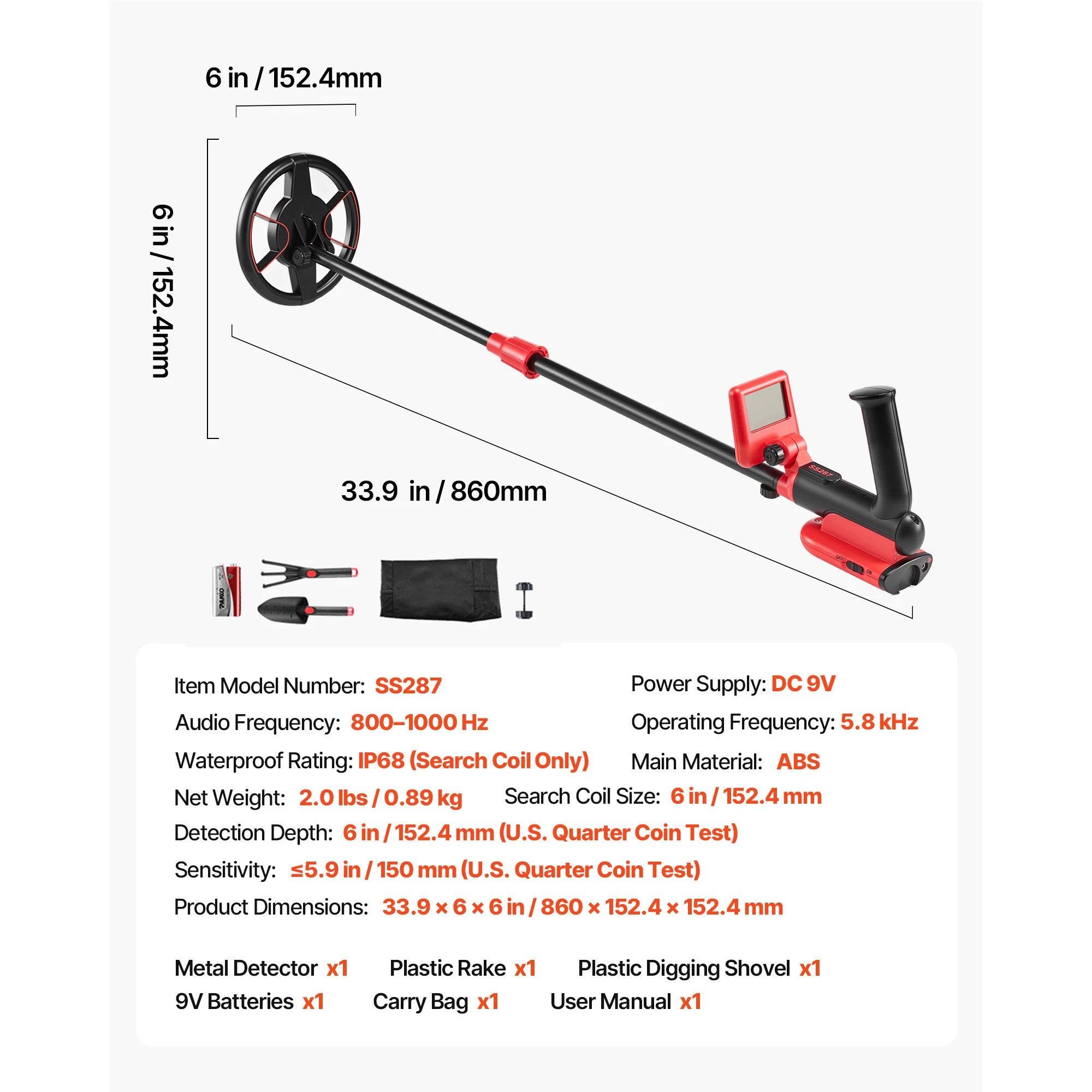 SucceBuy Metal Detector 6" Lightweight LCD Display IP68 Waterproof Search Coil Adjustable 22.8-33.8" High Accuracy For Hunting