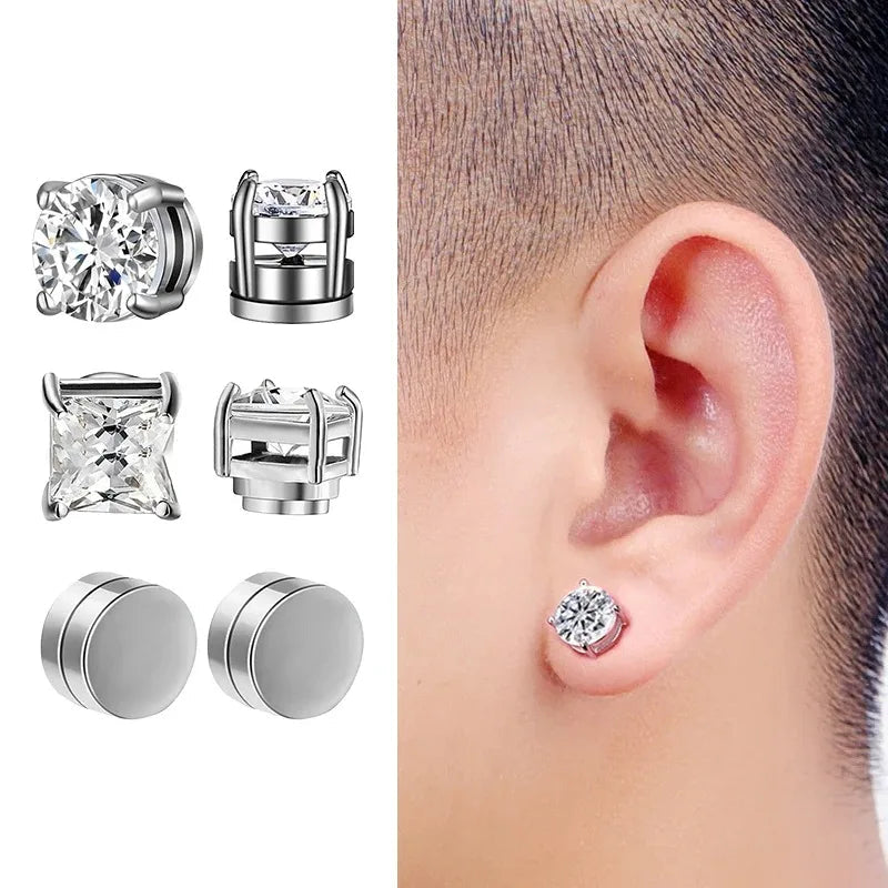 6 Pcset Strong Magnetic Ear Stud Clip Earrings for Men and Women Punk Round Zircon Magnet Earrings Non Piercing Jewelry