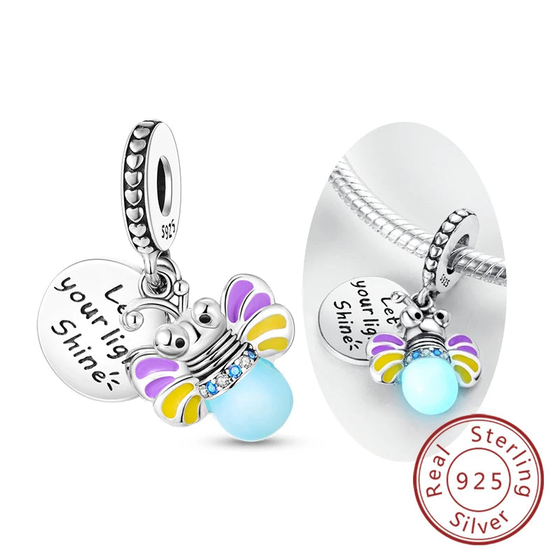 Original 925 Sterling Silver Charm Beads Glowing Luminous Firefly Butterfly Pendant for Bracelet Charm Jewelry