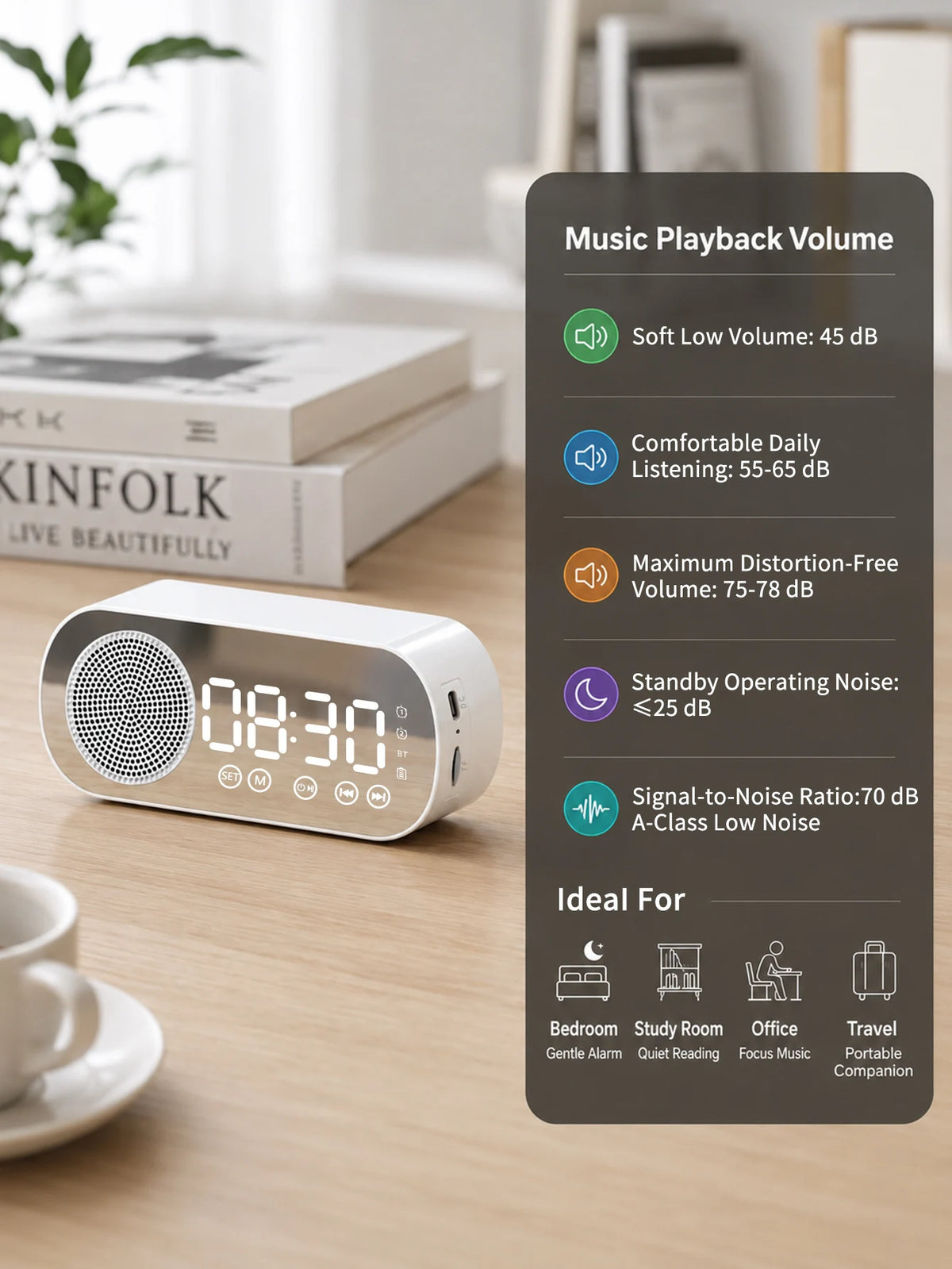 Bluetooth Speaker, Mirror-Faced Clock Alarm Clock Smart Speaker, Bass-Heavy FM Card Insertable Small Speaker