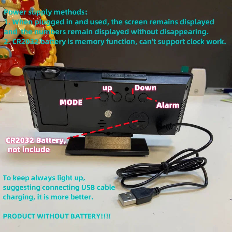 Projection alarm clock multifunction Intelligent luminous clock Bedroom large screen digital clock 180℃ back and celling projec