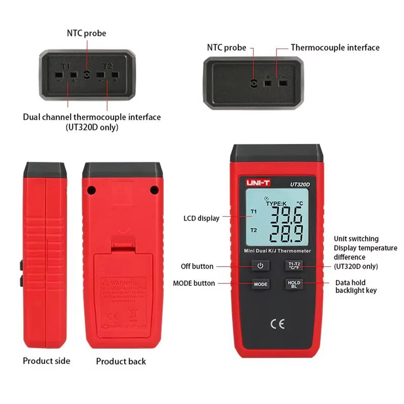 UNI-T UT320A UT320D Digital Thermometer Mini Dual Contact Thermocouple Type K J High Temperature Meter Tester -50℃ to 1200℃