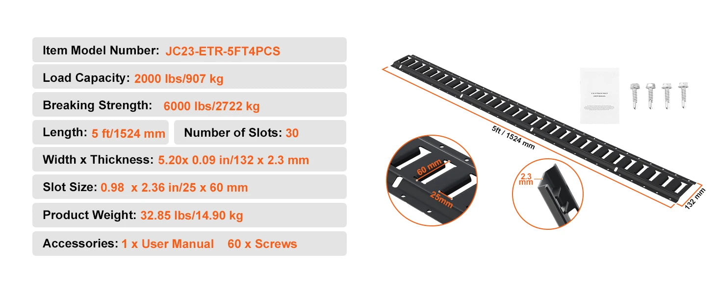 Kit de rails d'arrimage E-Track 4 pièces 2000 lbs de charge pour remorques et garages