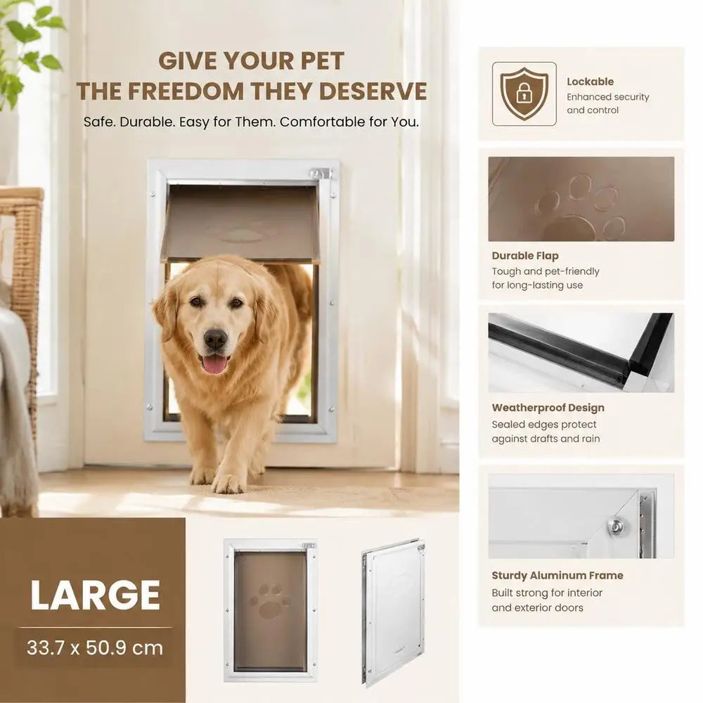 Pet Door/dog Flap Made Of Aluminum Frame With Lock And Flap System, 337 X 509 Mm, Weatherproof, Suitable For Cats, Dogs, And Kittens (White-L), Easy Installation