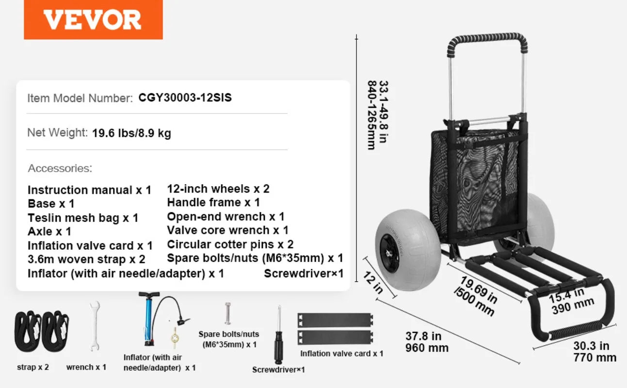 Plážový vozík s 12" balónovými koly, skládací, nosnost 75 kg