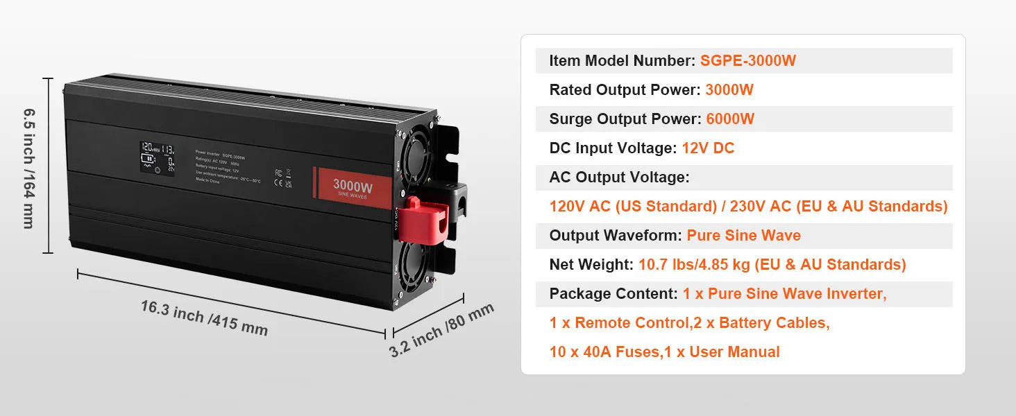 Czysty falownik sinusoidalny 1000W–3000W z pilotem i portami USB