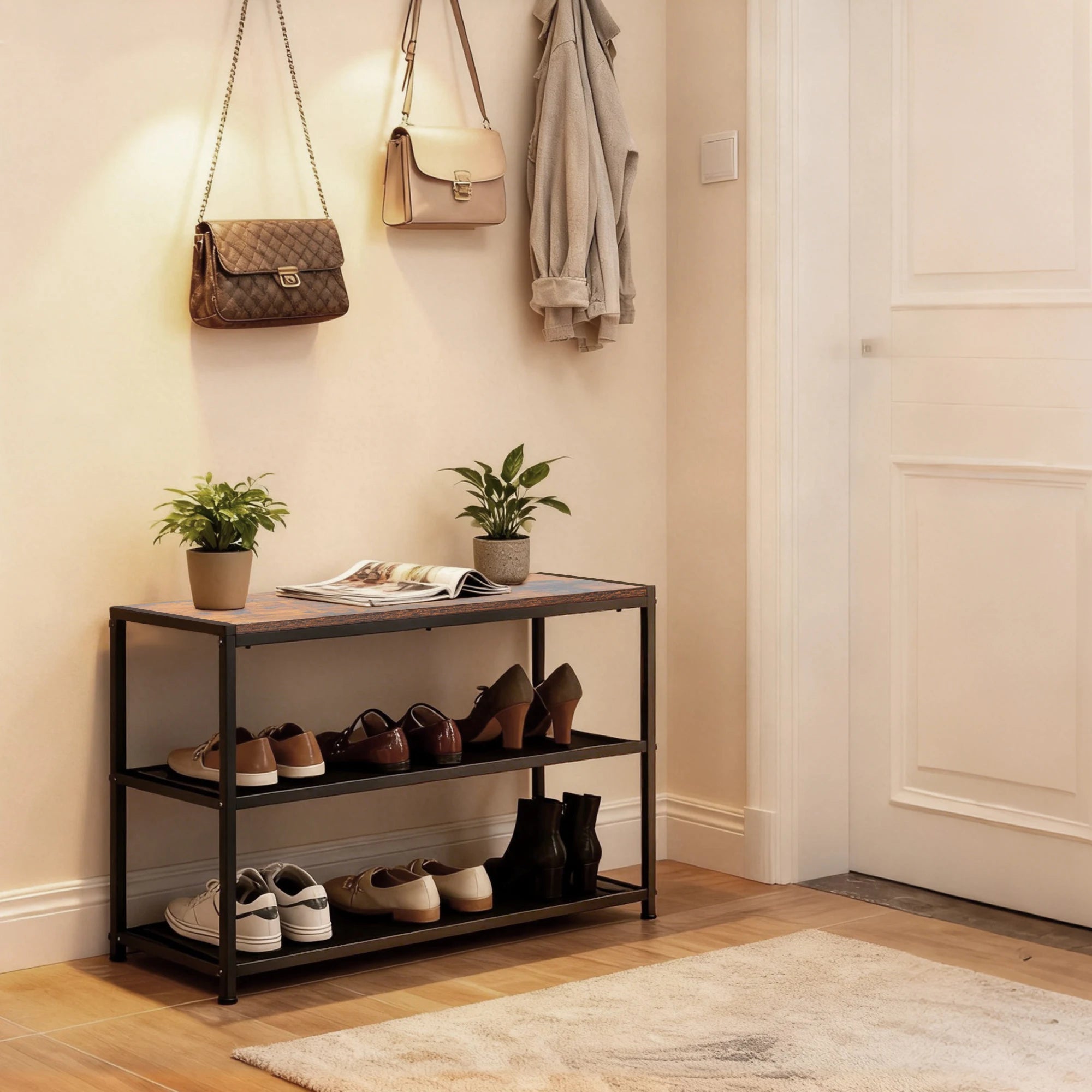 3-Tier Shoe Bench with Storage Shelves for Entryway Organization