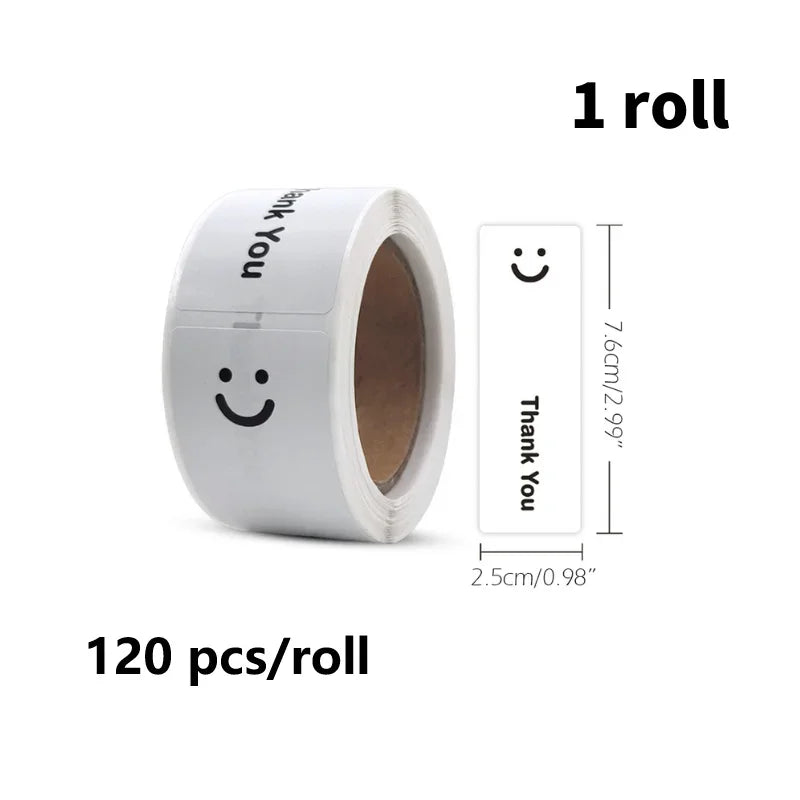 120Pcs/roll Smiling Face Black and White Thank You Rectangular Seal Sticker Gift Sticker for Homemade Packaging Decoration Label