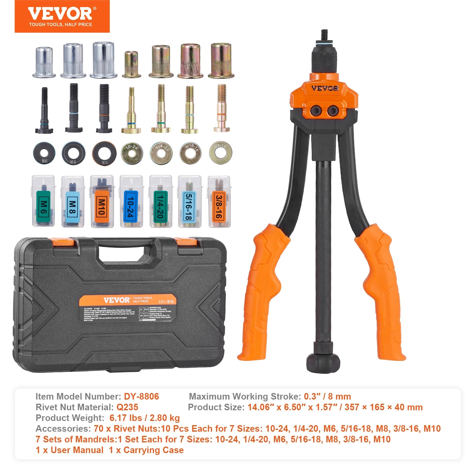 SucceBuy outil rivet nut 14" 16" Rivet Nut Tool kit avec mandrins métriques et SAE 70 pièces/186 pièces Rivet Nuts avec boîtier de transport robuste