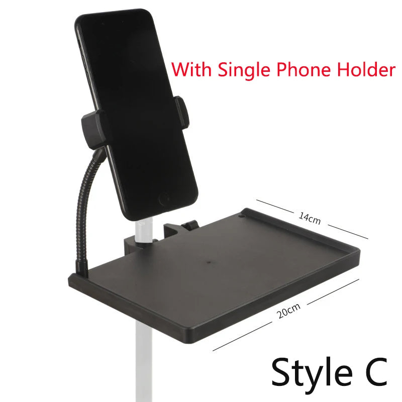 Tabuleiro para suporte de microfone com fixação por grampo e suporte de telemóvel