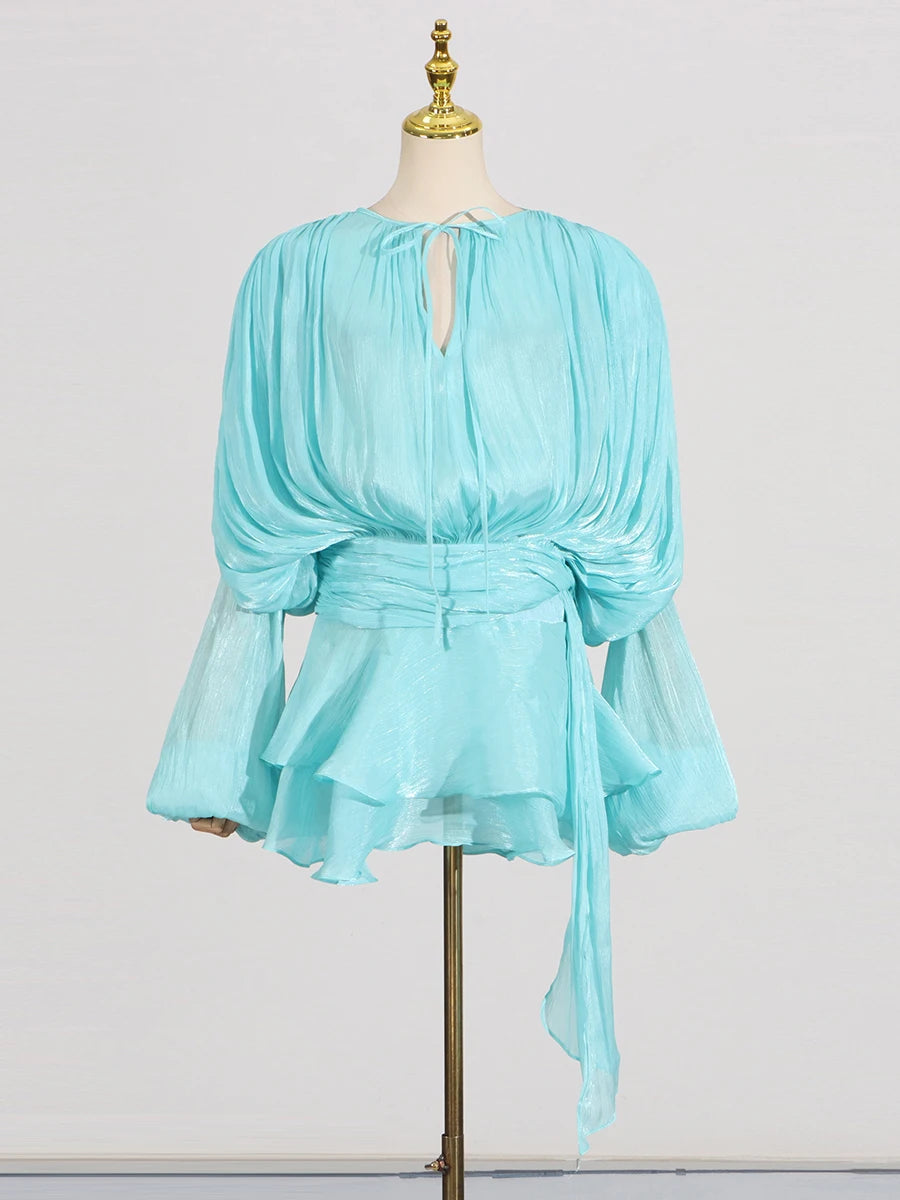 GALCAUR Solid Loose Splicd Lace Up Dresses For Women V Neck Long Sleeves Patchwork Ruffles Tunic Dreses Female Fashio New