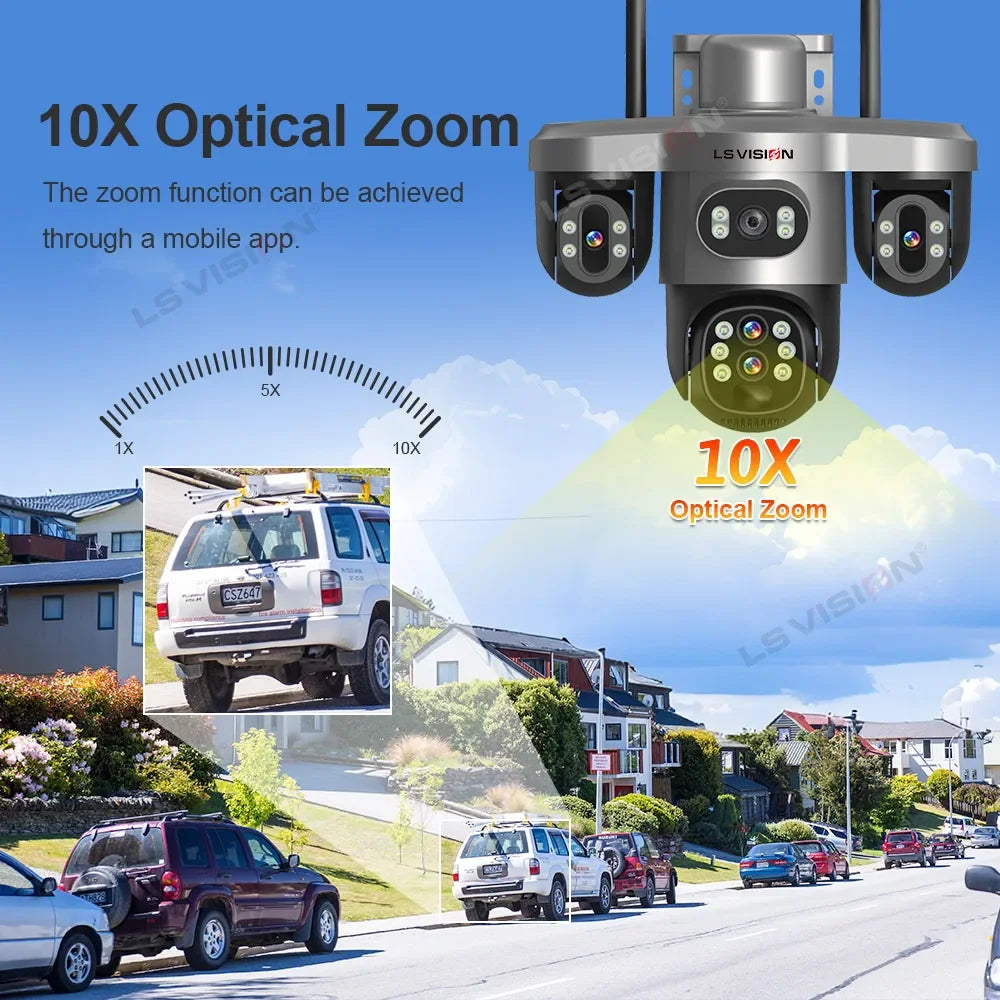 Solar Security Camera 4 Lens 3 Screen 10x Optical Zoom 4G WiFi PTZ