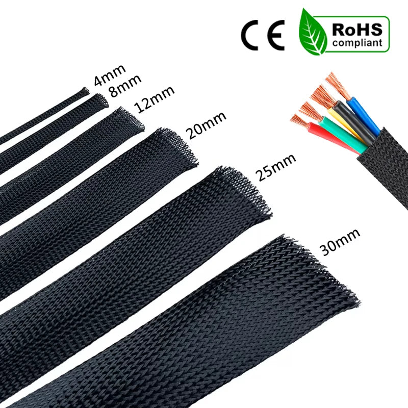 1/5/10M Black Insulated Braid Sleeving 6/8/10/30mm Tight PET Wire Cable Gland Protection Cable Sleeve Flame Retardant Nylon Tube