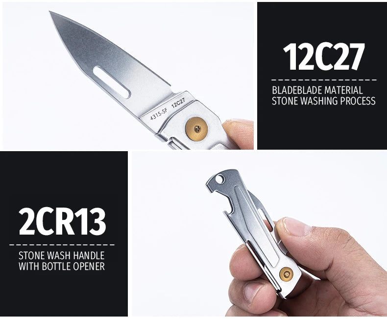 SANRENMU 431S Folding pocket knife 12C27 blade Portable EDC outdoor camping bottle opener Keychain hole knife
