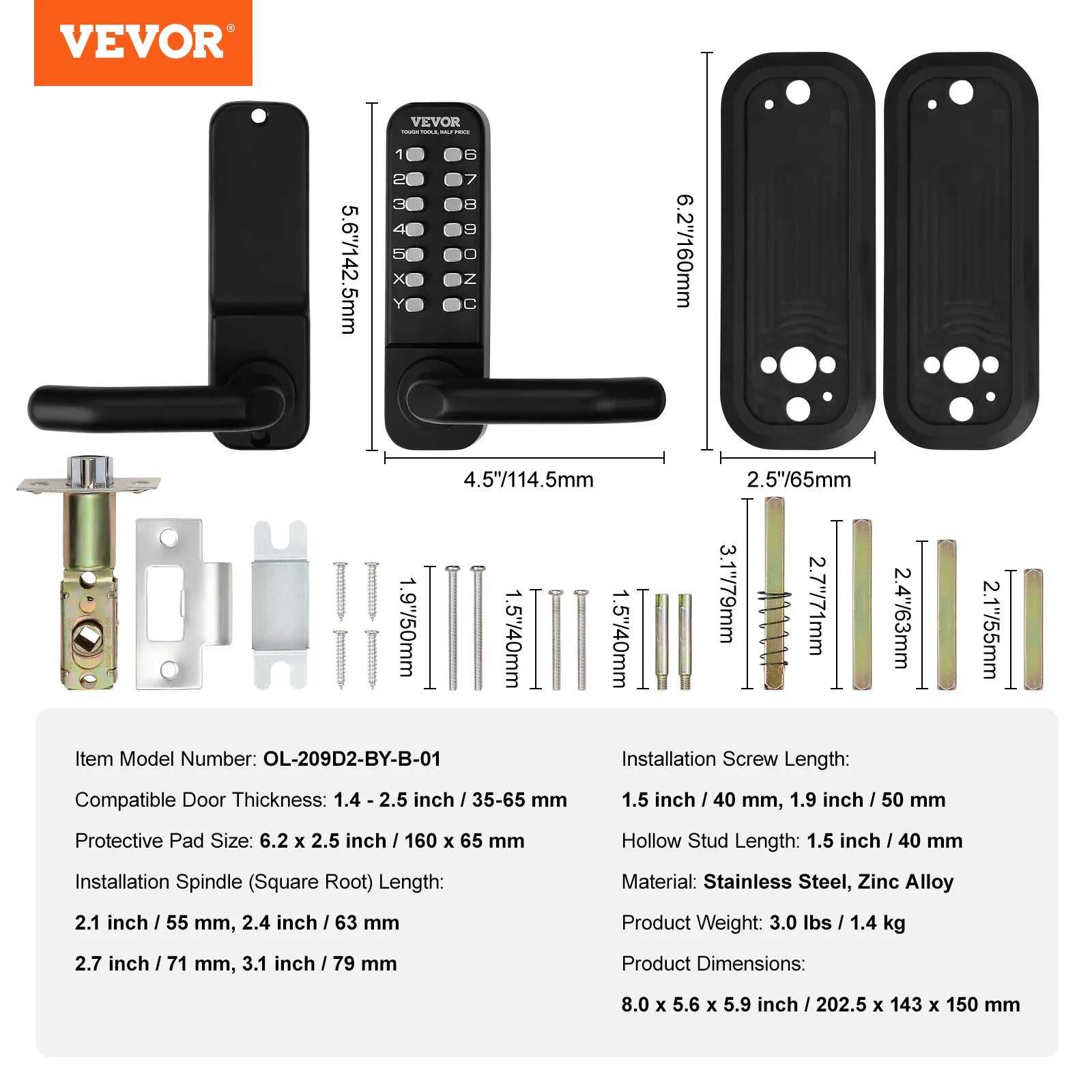 Mechanical Keyless Door Lock with 14-Digit Keypad, Auto-Locking