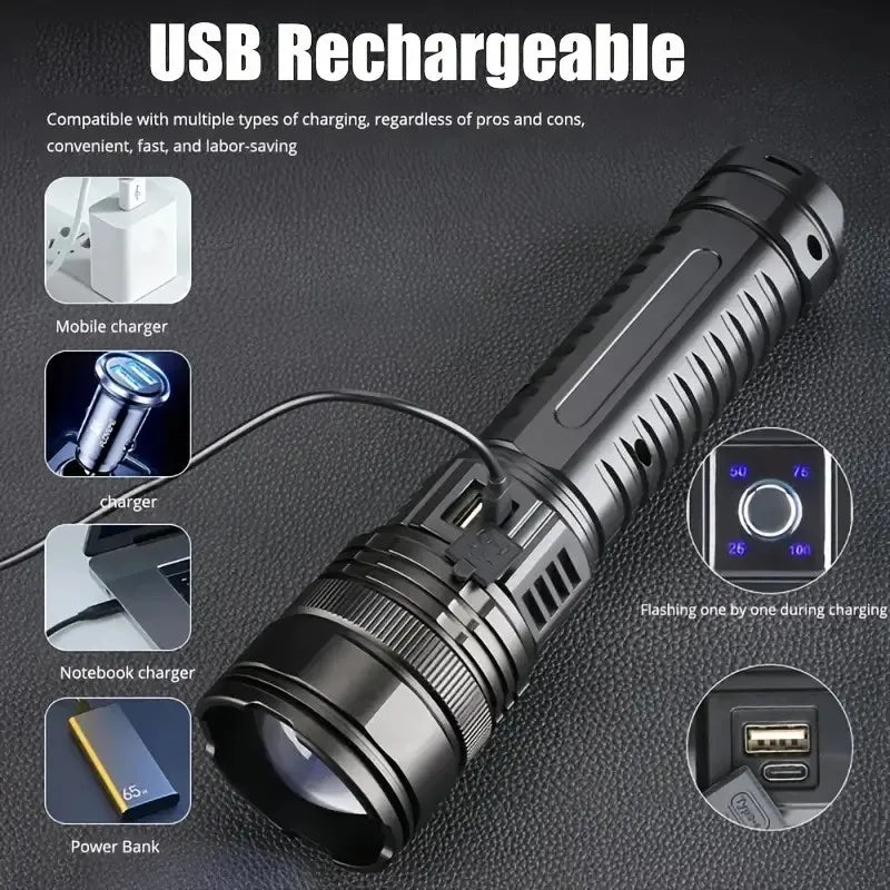 Rechargeable LED Flashlight with 200m Beam & 25000mAh Battery