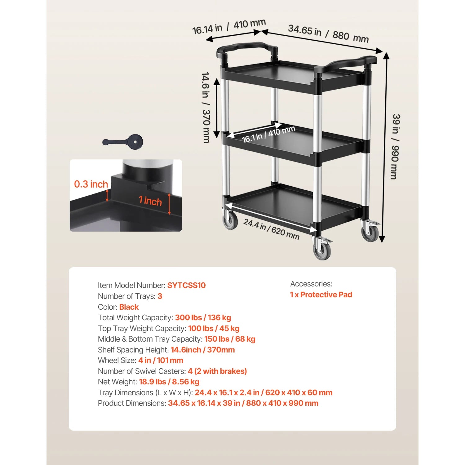 3-Tier Rolling Utility Cart with Wheels, Heavy-Duty Storage Trolley