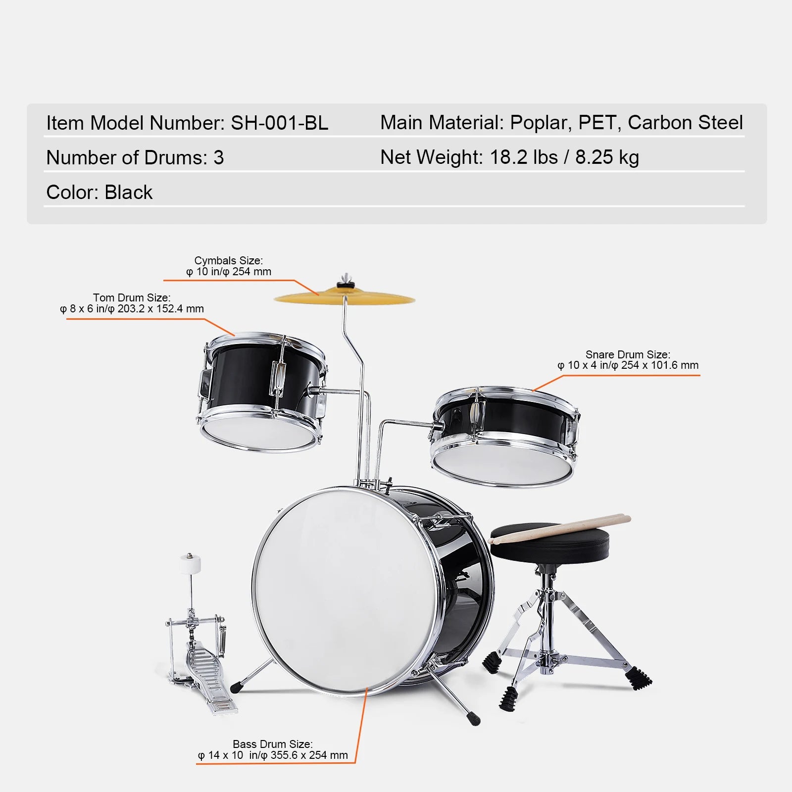 Kids 3-Piece Drum Set with 14" Bass, Adjustable Throne & Cymbal