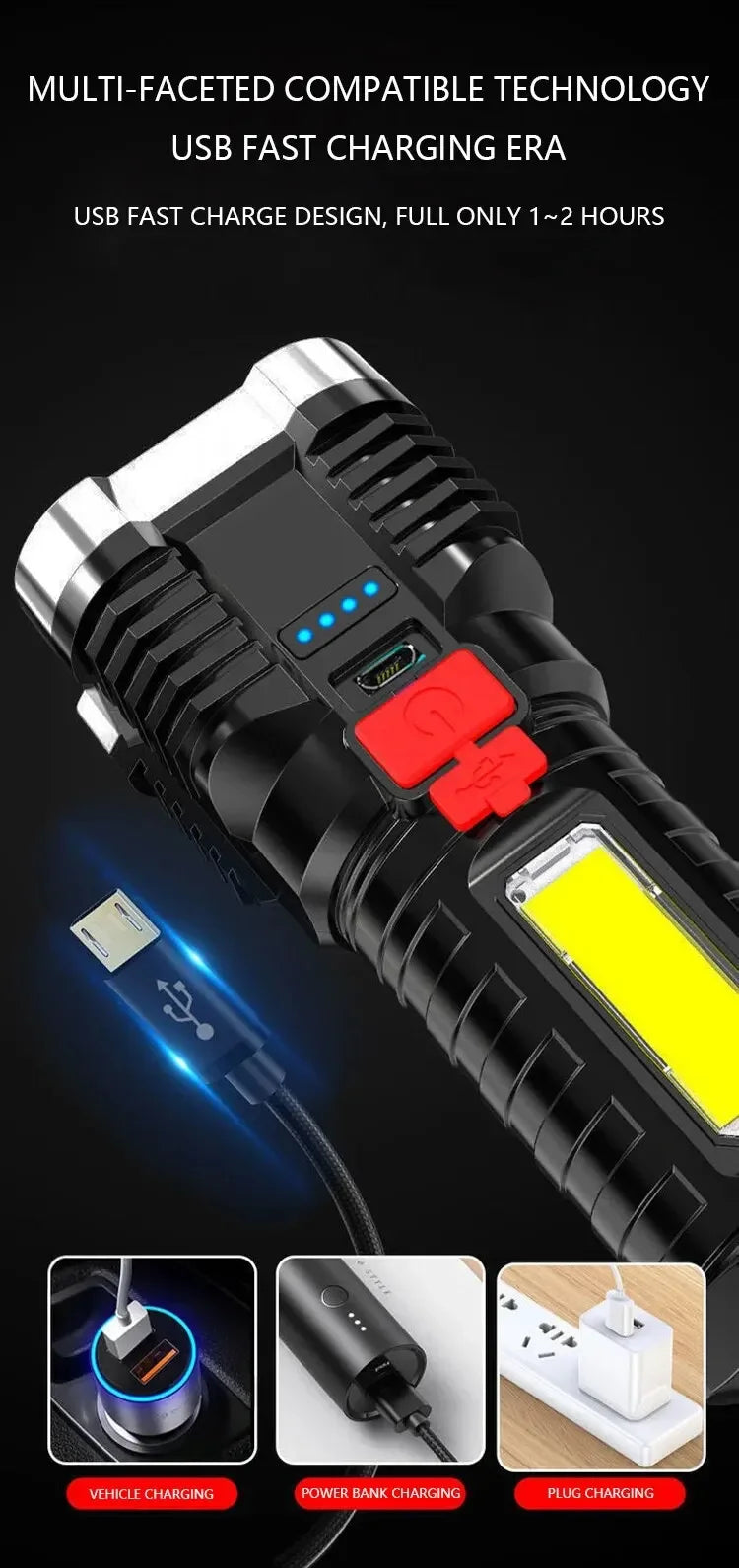 5LED High Power Led Flashlights Rechargeable Camping Spotlight with Side Light 3 Lighting Modes for Camping Adventure Outdoor