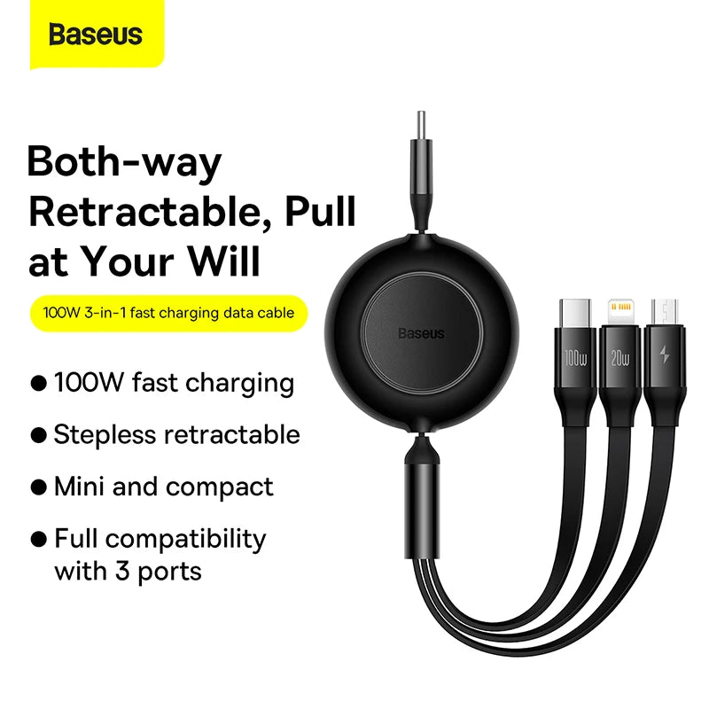 Vysúvací 100W 3v1 USB-C nabíjací kábel pre notebook a telefón