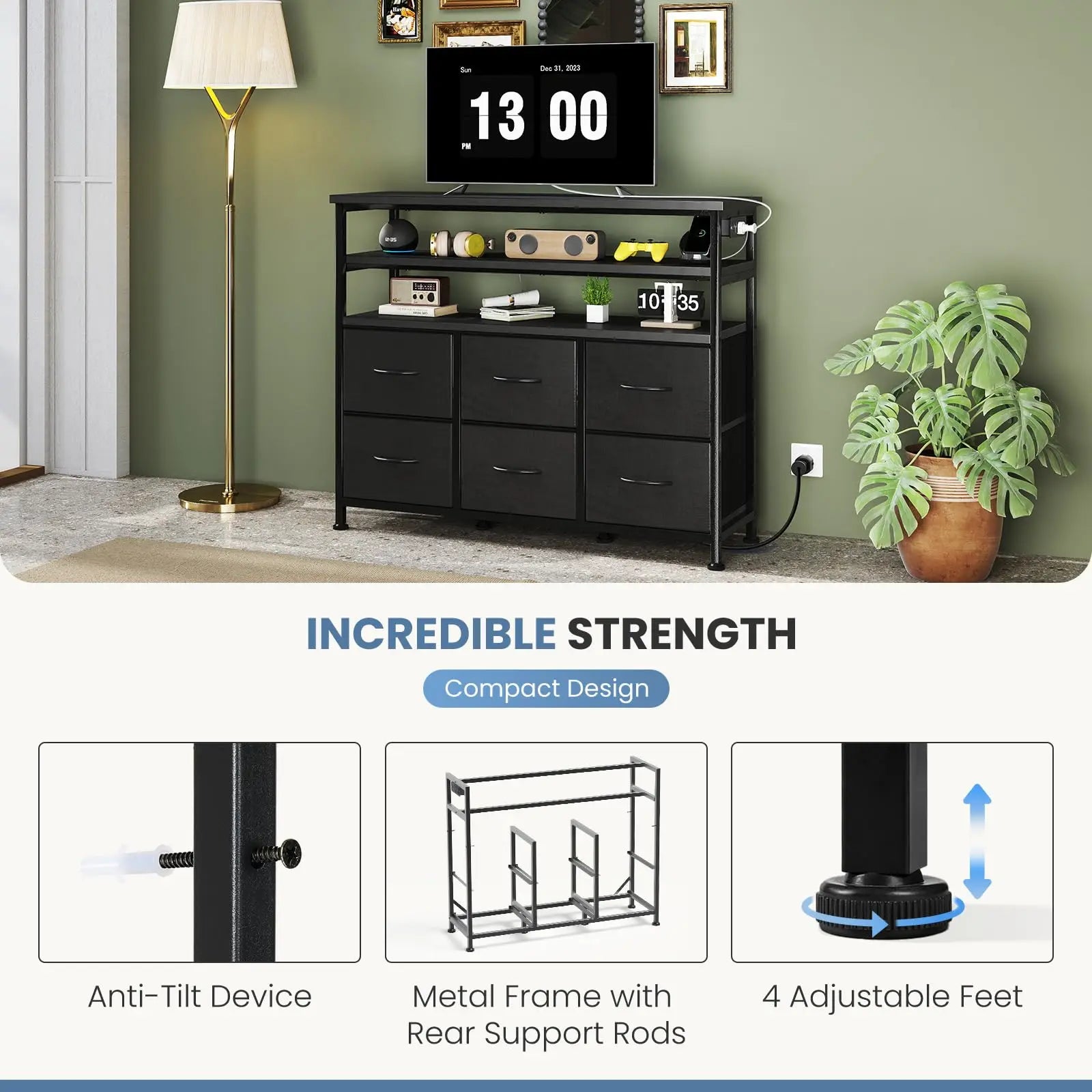 TV Stand with 6 Drawers, Charging Station & LED Lights for up to 45" TVs