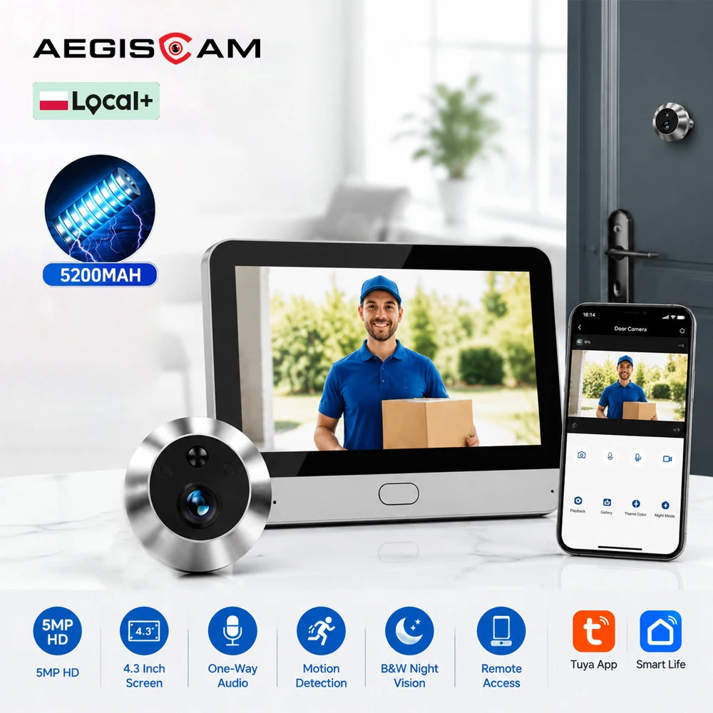 Mini caméras de sonnette WiFi 5 MP avec moniteur intérieur, écran 4.3 pouces, batterie rechargeable 5200 mAh, détection de mouvement PIR, vision nocturne noir et blanc, surveillance à distance, application Tuya, système de sécurité domestique