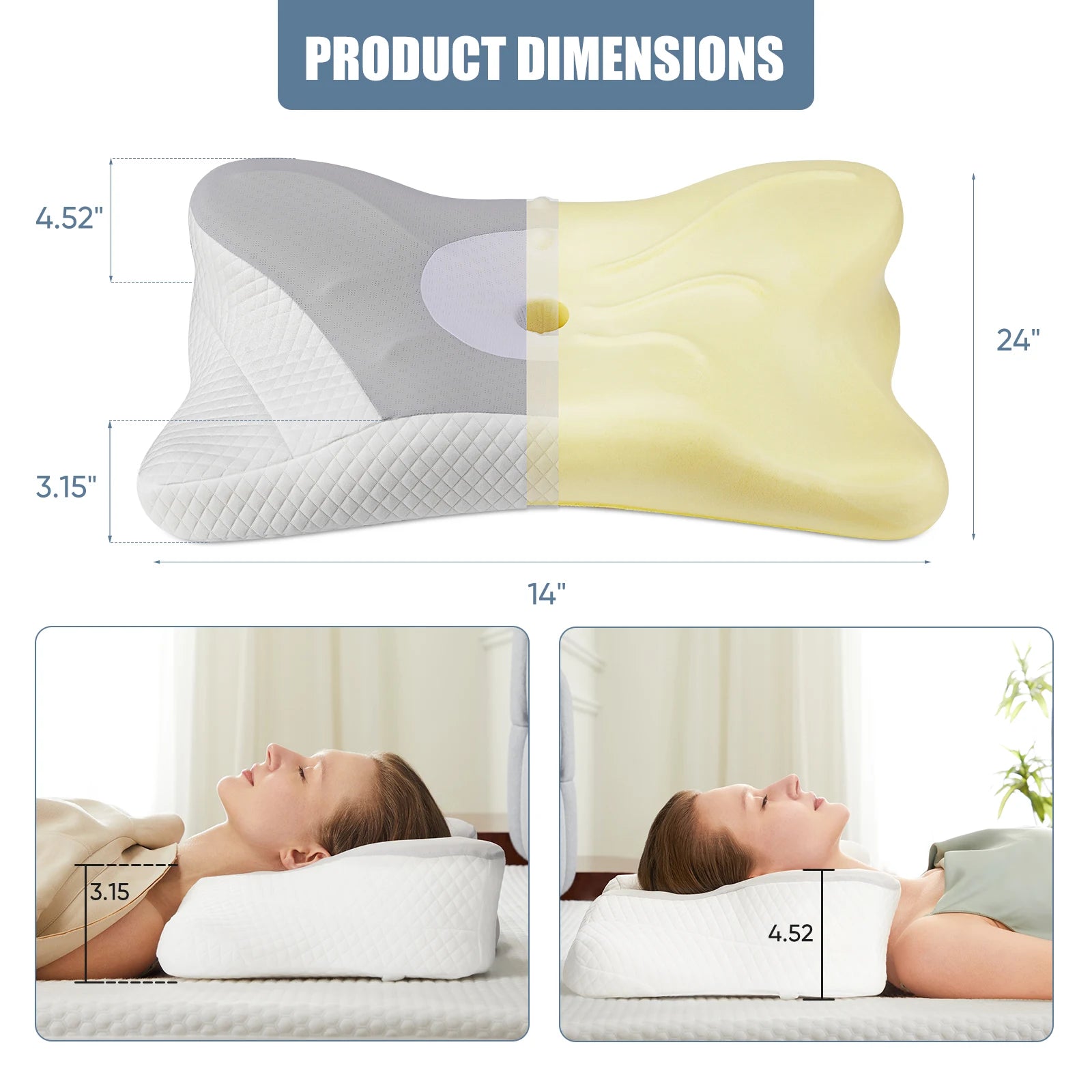 JHK Ergonomic Queen Size Cervical Contour Pillows For Neck 1 Pack Pain Relief Memory Foam Bed Pillow with Cooling Pillowcase