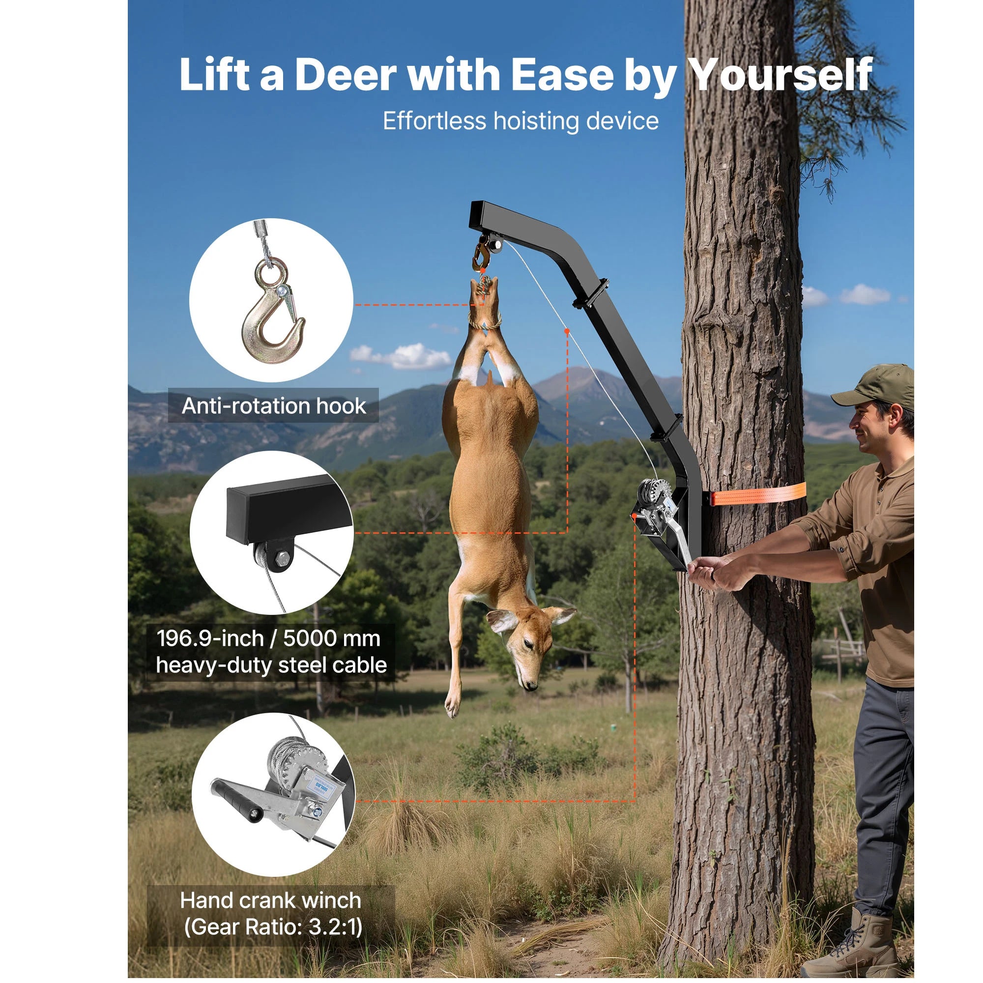 SucceBuy 353Lbs Tree Mounted Deer Hoist Hunting Game Lift Hoist Winch with Ratchet Strap Deer Hanger for Hanging Feed Dressing