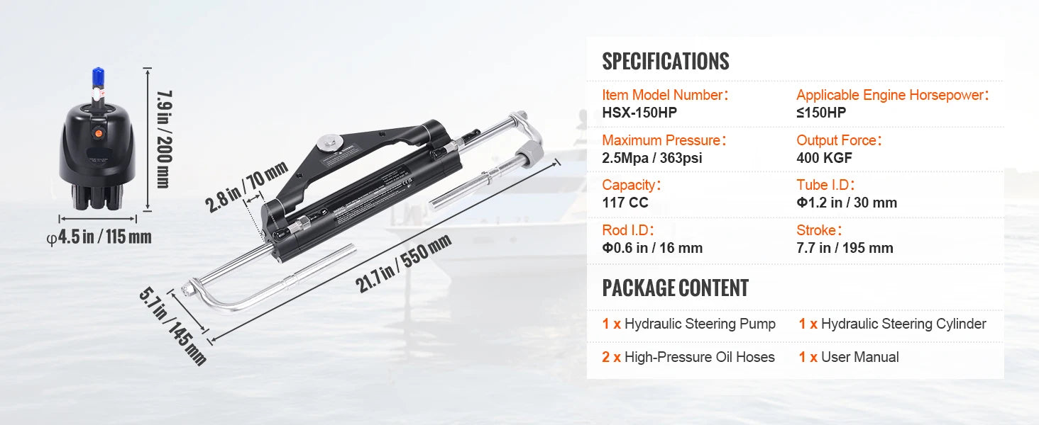 Hydraulic Outboard Steering Kit 90HP–300HP with Pump & 24/26FT Hoses