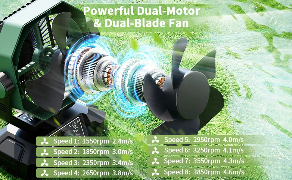 20000mAh Camping Fan with LED Lantern, Remote, 8 Speeds