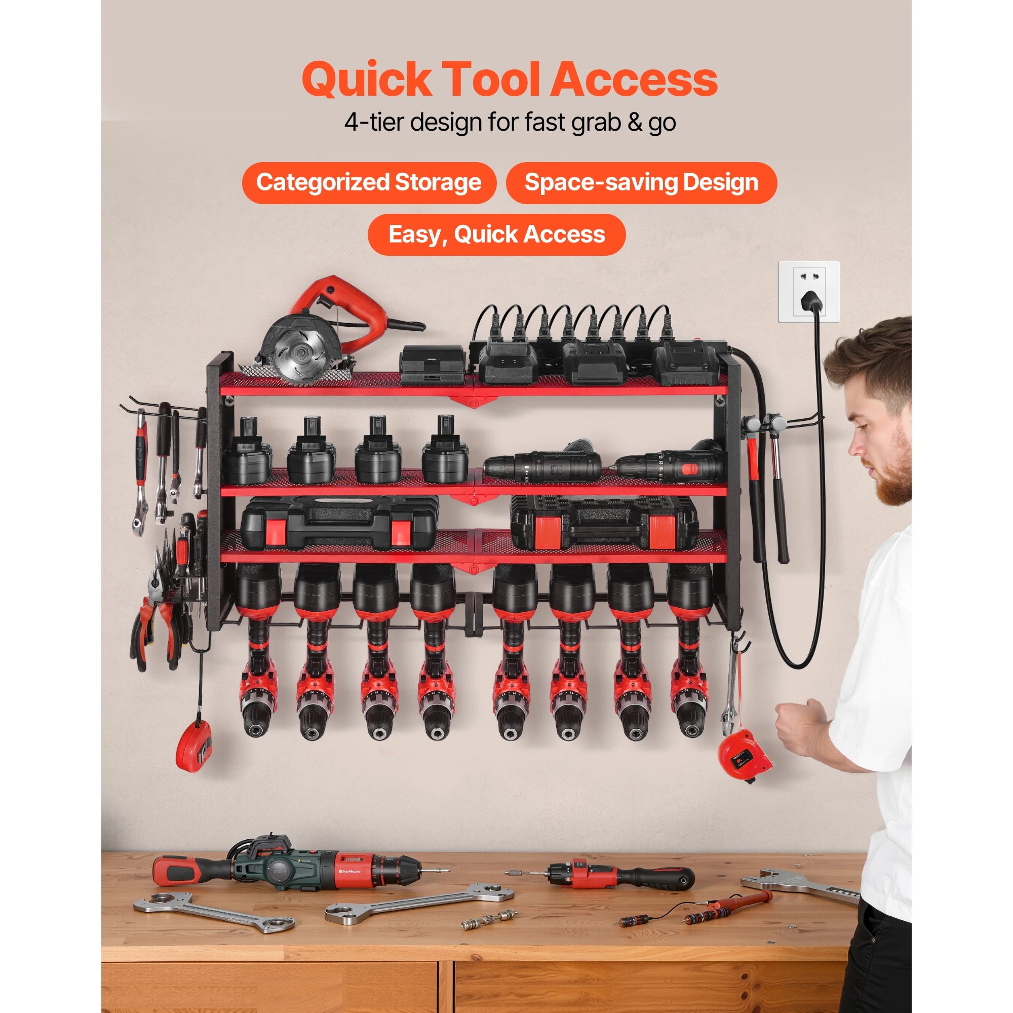 4-Tier Power Tool Organizer with Charging Station & Pegboard