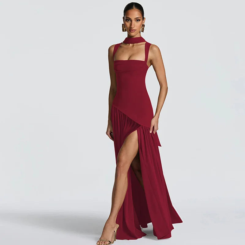 Elegant Sleeveless High Waist Slit Dress with Belted Sash