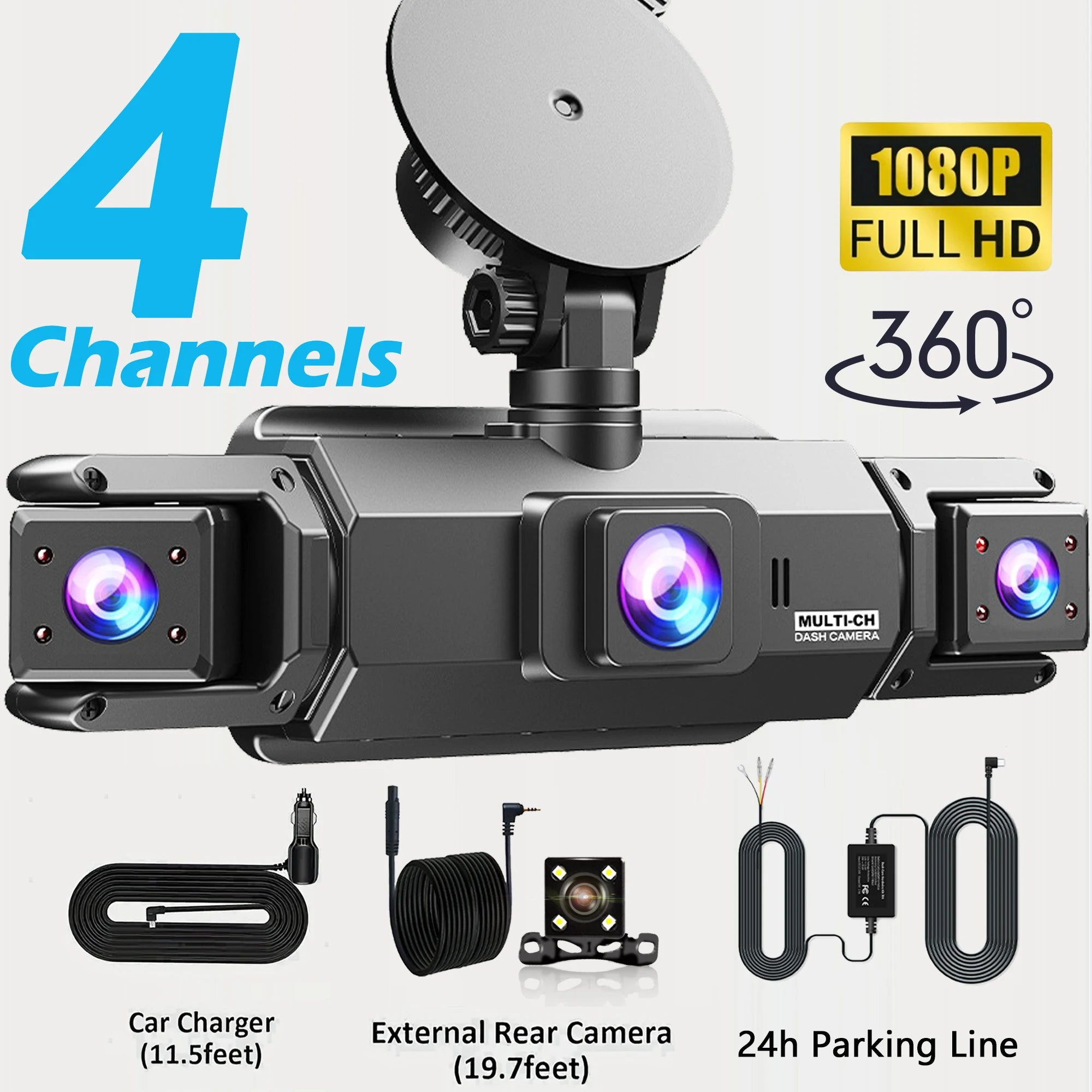 4-linse 360° dashcam med natvision og 24-timers parkeringsovervågning