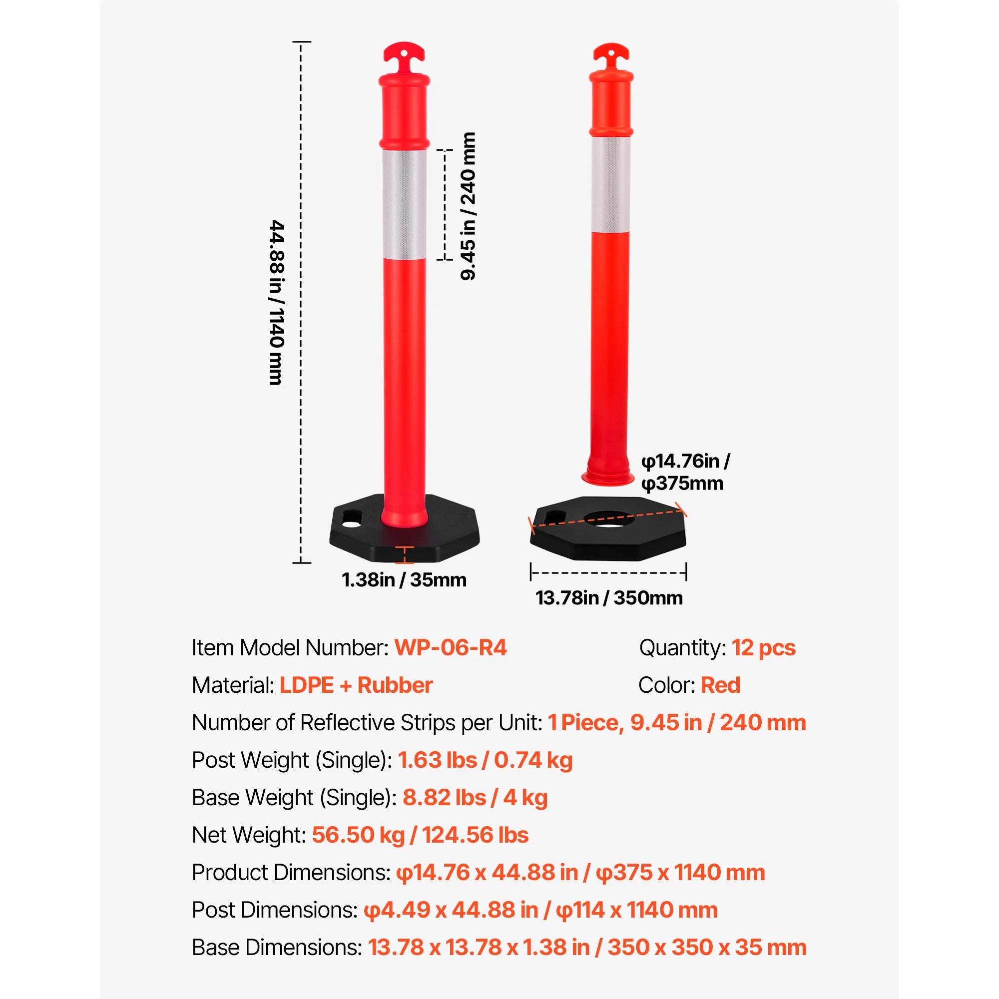 SucceBuy 2/3/4/6/12 Pack Traffic Delineator Posts 34/45 in with Weighted Base Reflective Strips for Construction Site Parking