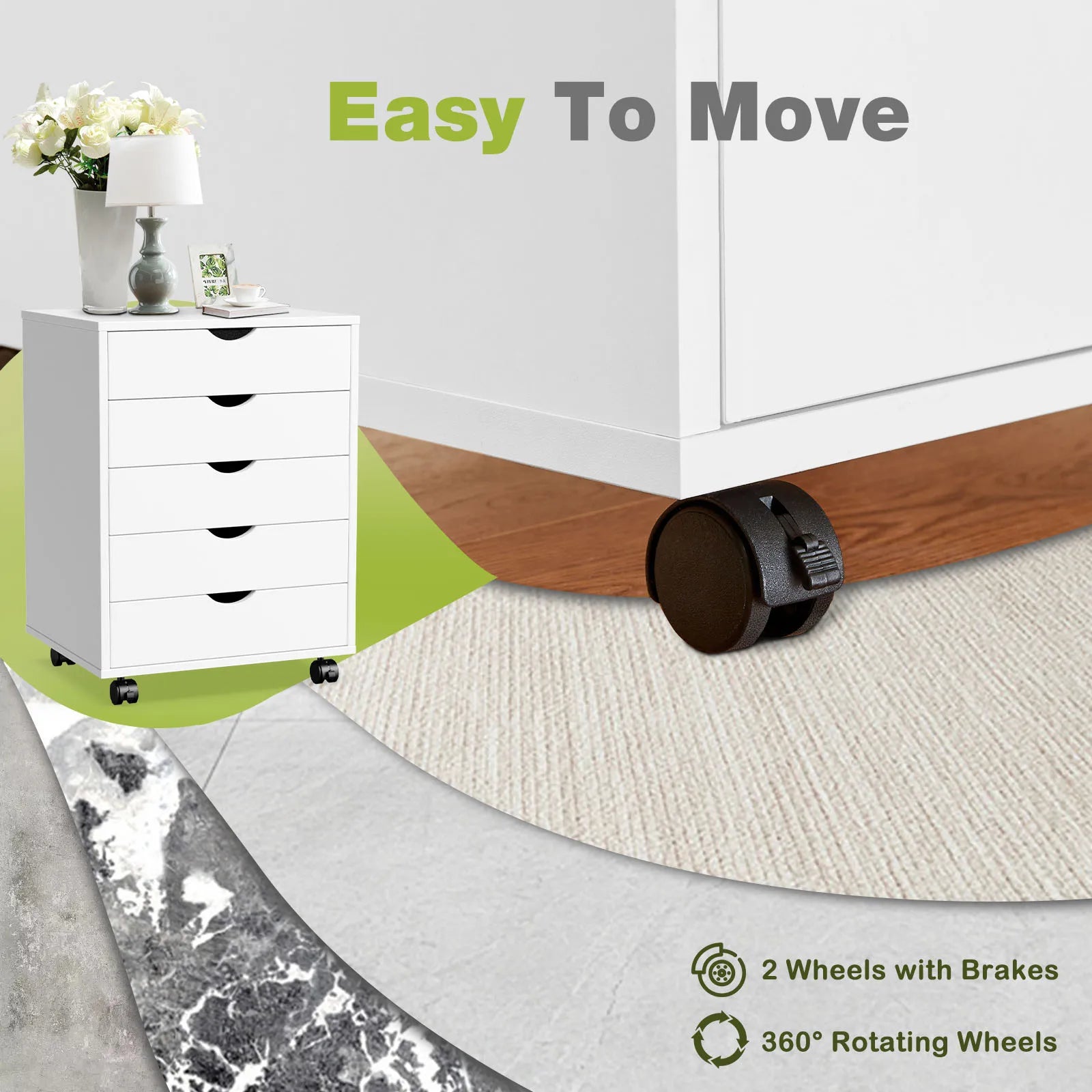 5 Drawer Rolling Nightstand Cabinet with Waterproof Top Surface