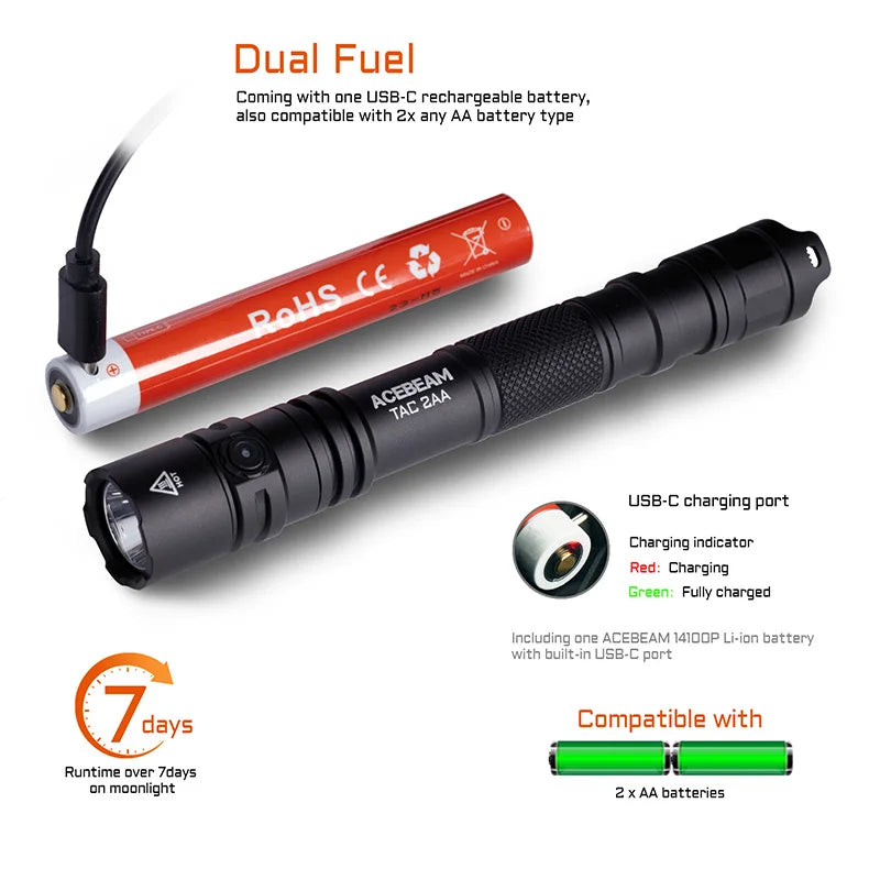 ACEBEAM TAC 2AA LED zseblámpa – 1600 lumenes EDC lámpa