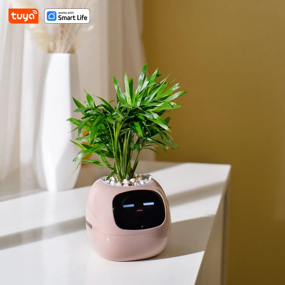 Pink Smart Planter with Expression Display