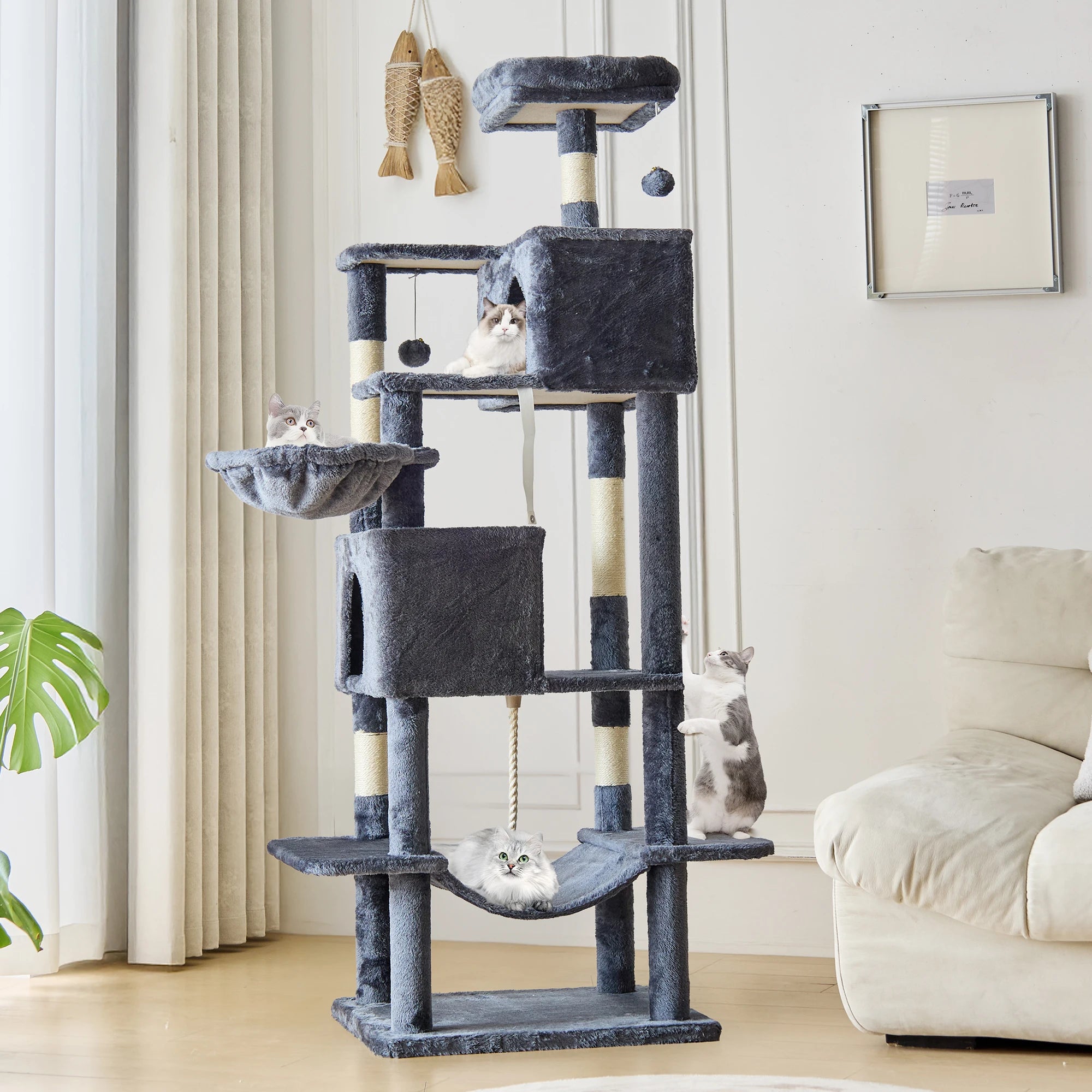 66-Inch Multi-Level Cat Tree Tower with Condo, Hammock & Scratching Posts