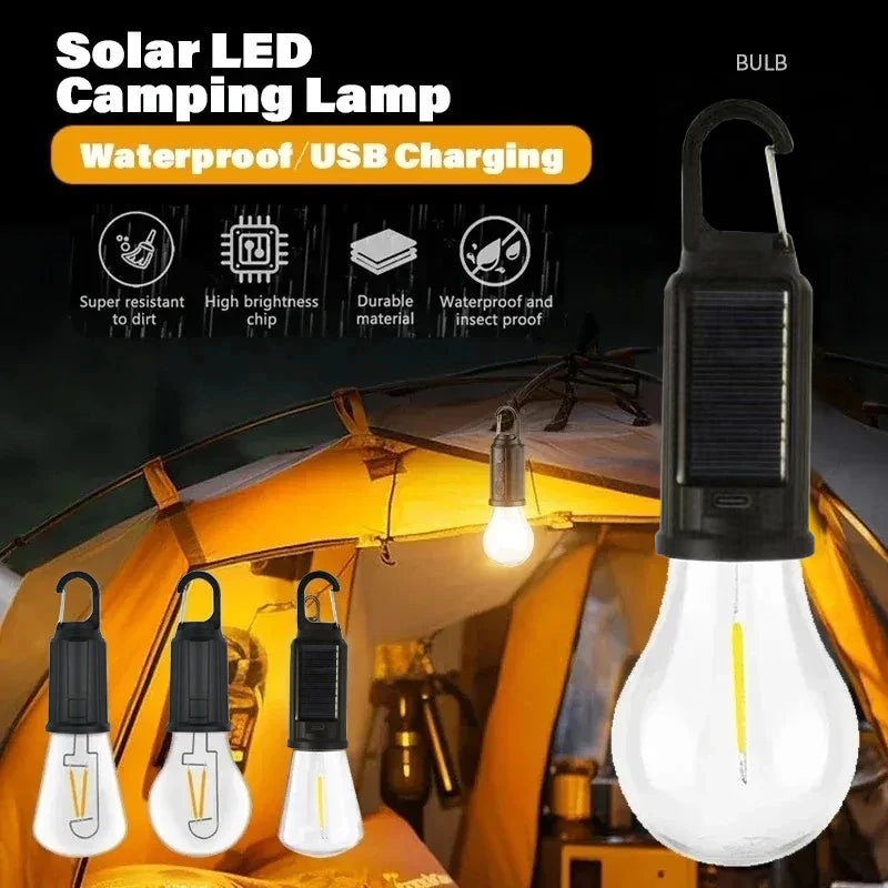 Solar Camping Lamp Bulb with Hanging Hook, 3 Warm Modes