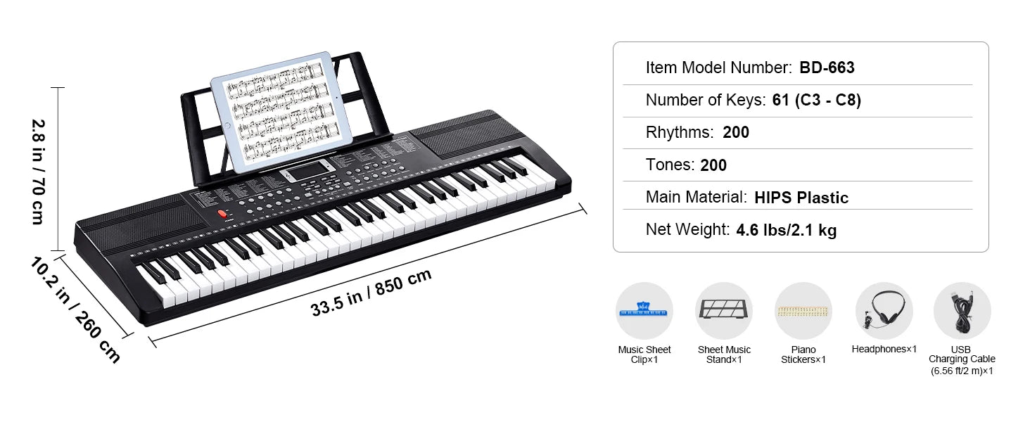 SucceBuy 61 Key Digital Keyboard Piano Electric Portable Piano 200 Tones 200 Rhythms or 600 Tones 500 Rhythms for Beginner Use