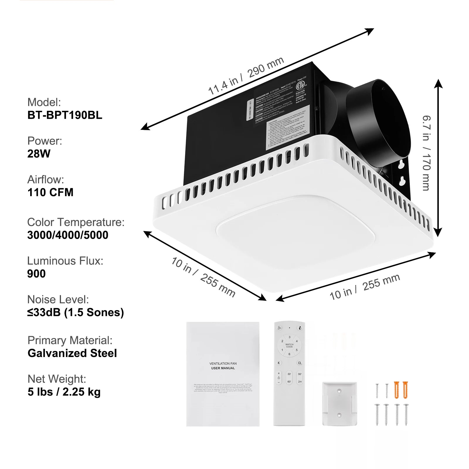 Bathroom Exhaust Fan with LED Light 80/110 CFM Quiet Heating