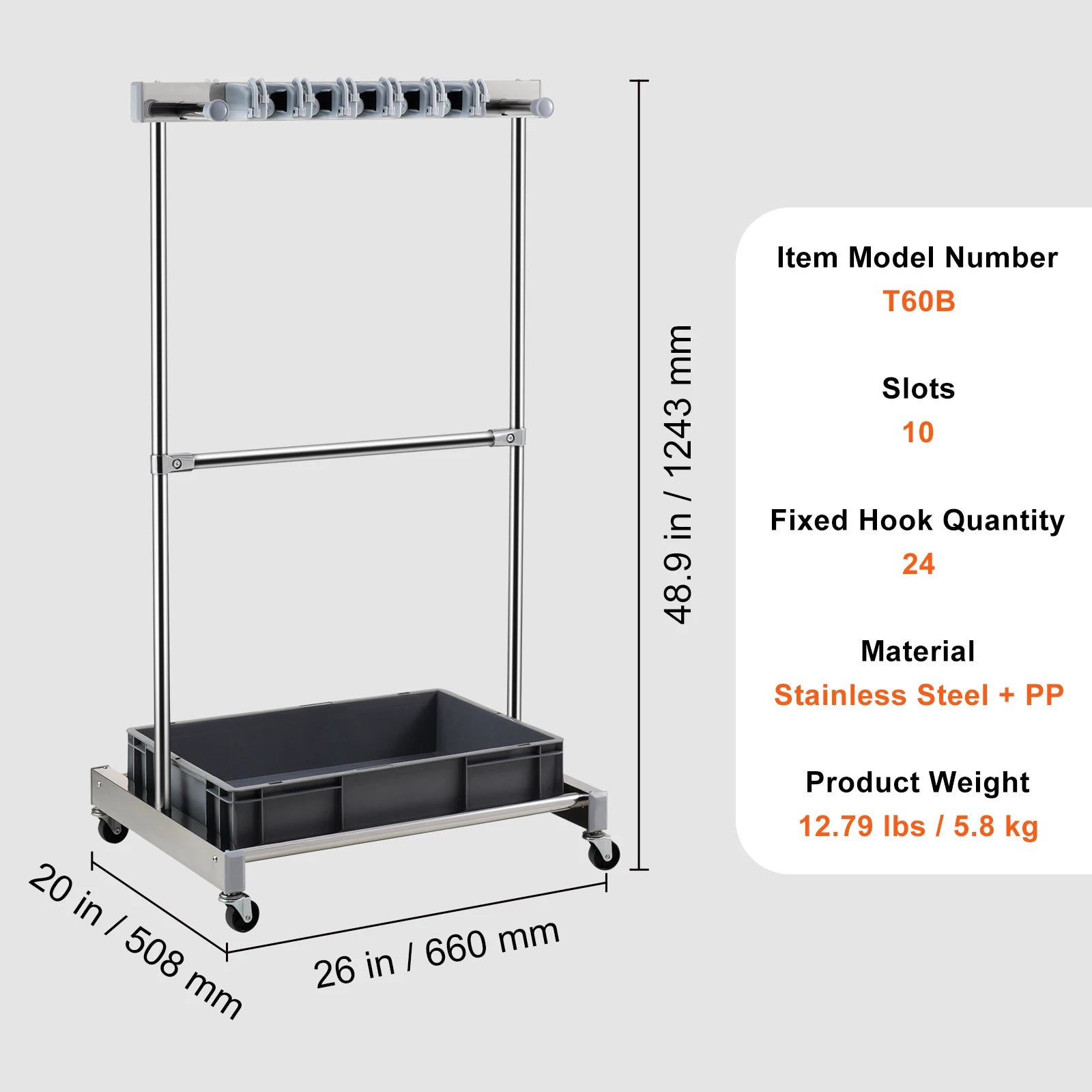Garden Tool Organizer Rack with 10 Slots, Hooks & Rolling Wheels