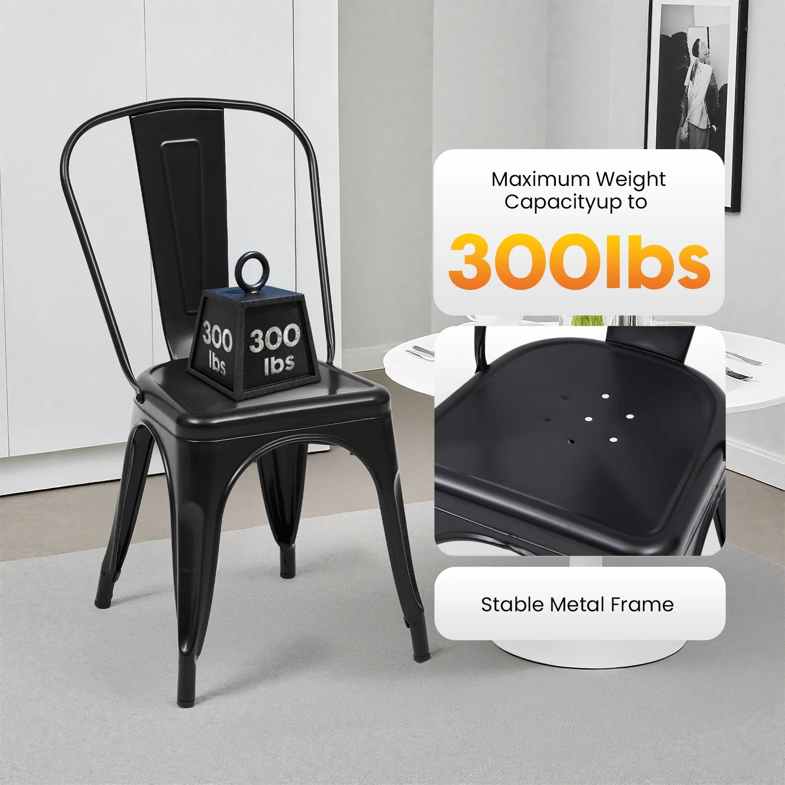 Metal Dining Chairs Stackable Indoor Outdoor 300LBS Capacity